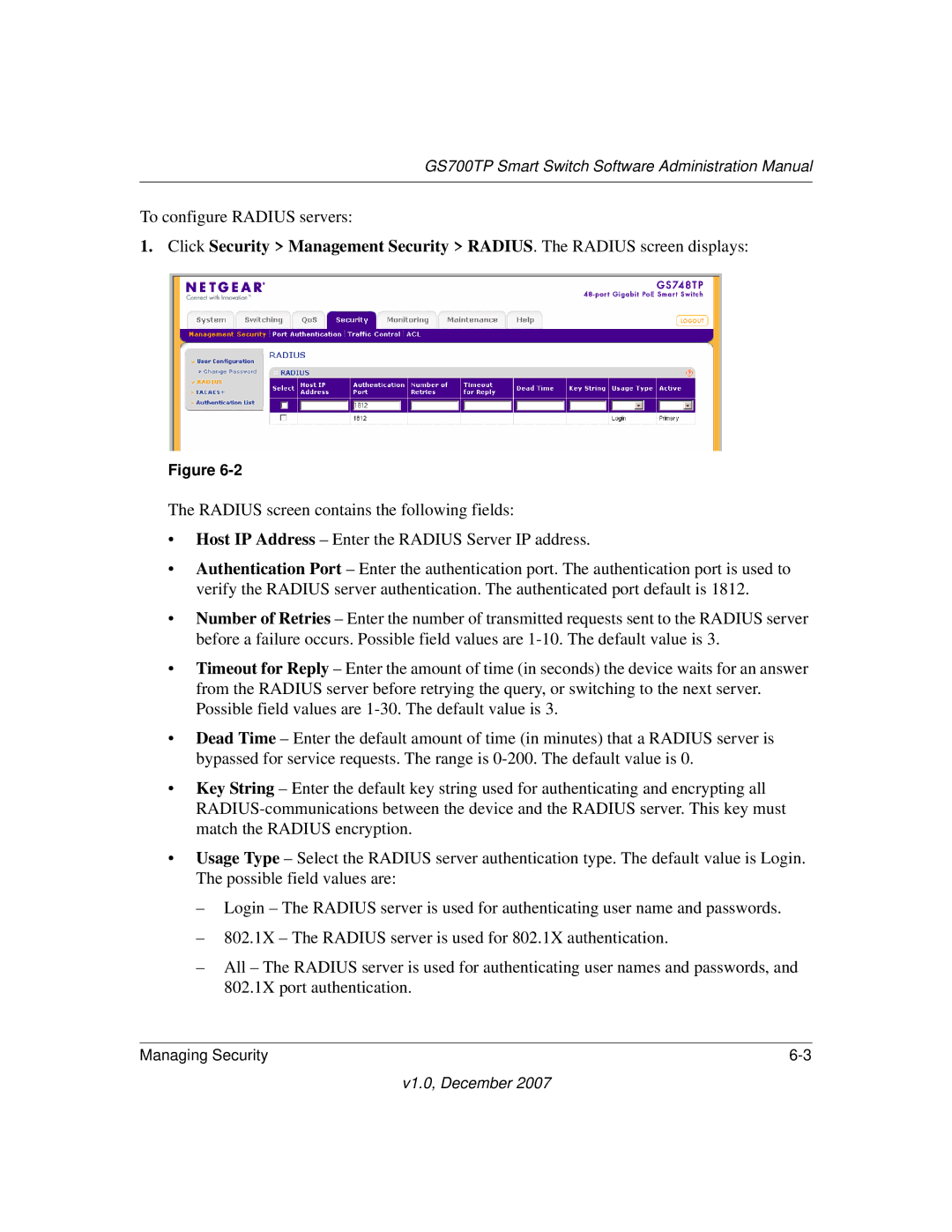 NETGEAR GS700TP manual To configure Radius servers 