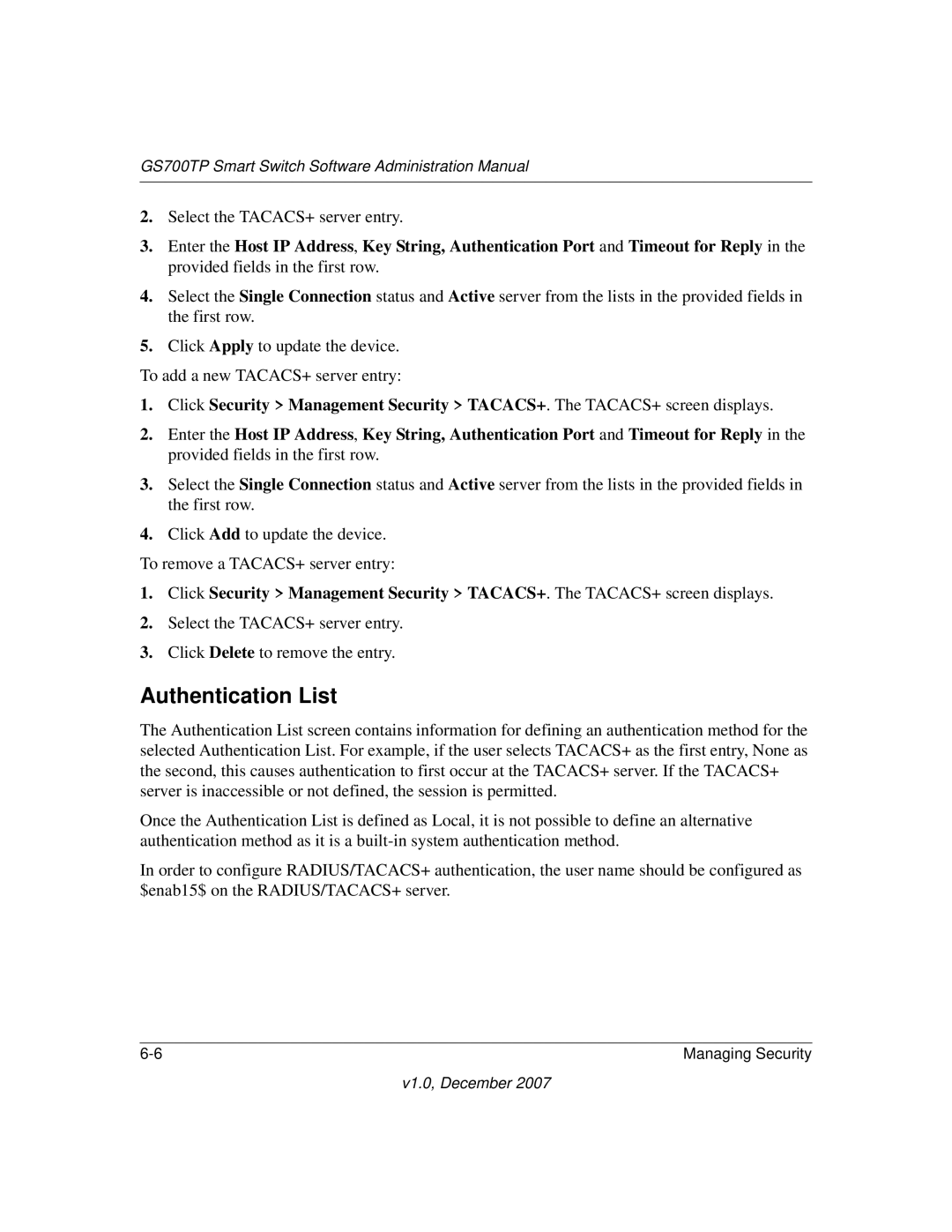 NETGEAR GS700TP manual Authentication List 