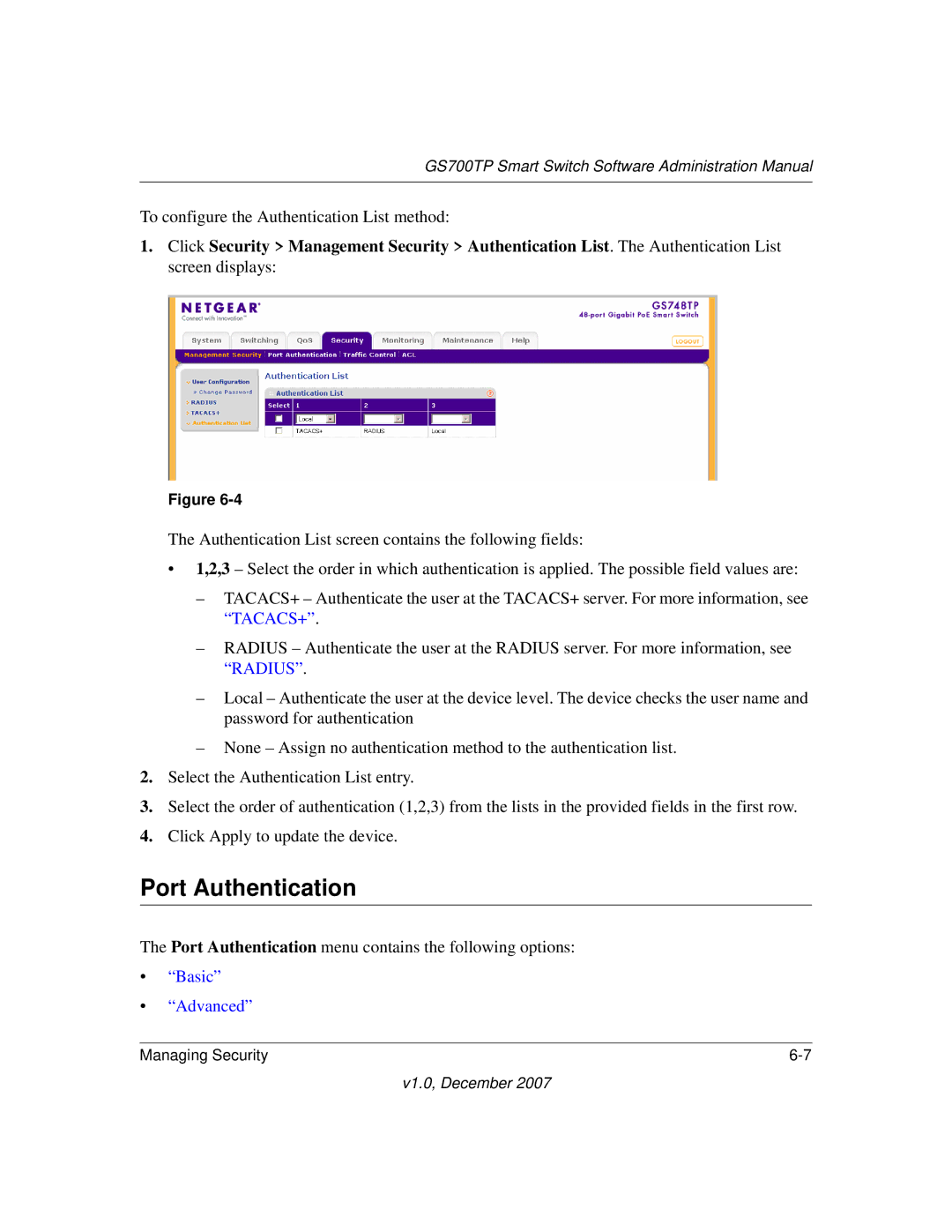 NETGEAR GS700TP manual Port Authentication 