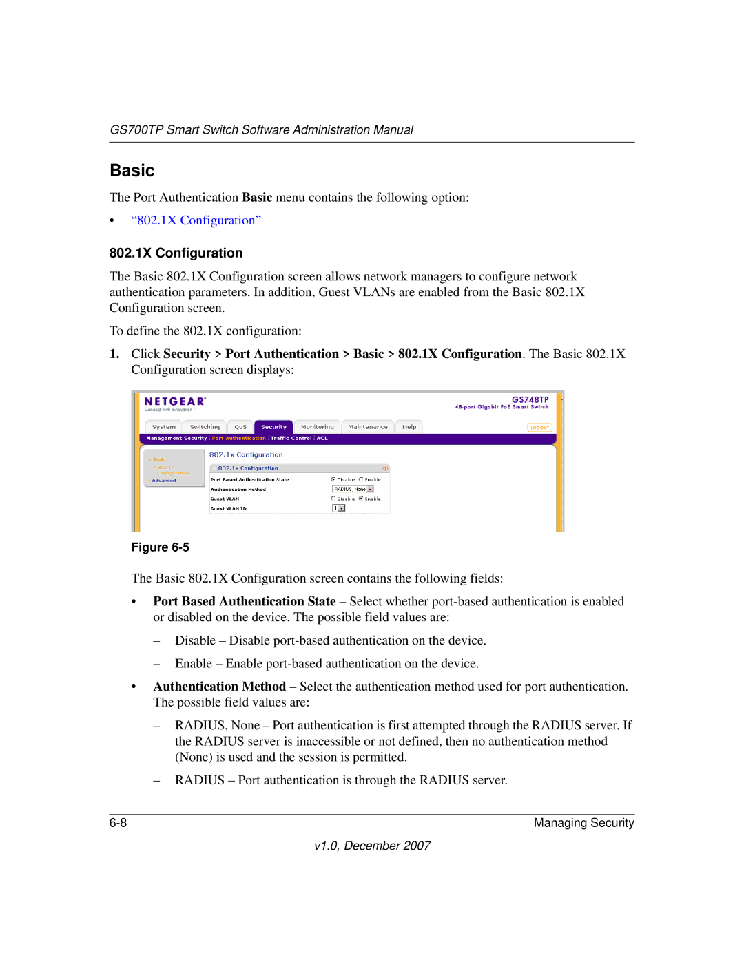 NETGEAR GS700TP manual Basic, 802.1X Configuration 