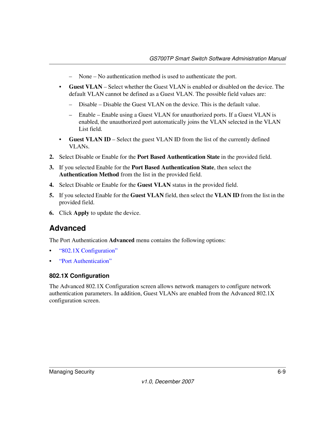 NETGEAR GS700TP manual 802.1X Configuration Port Authentication 