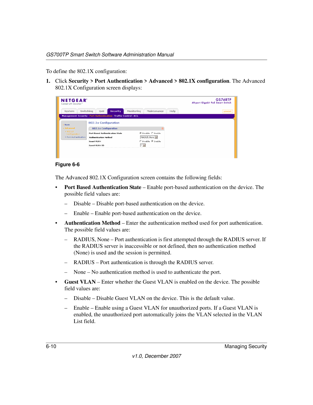 NETGEAR GS700TP manual To define the 802.1X configuration 