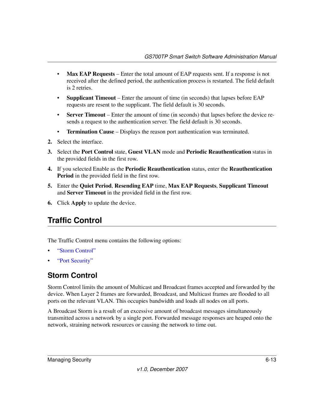 NETGEAR GS700TP manual Traffic Control, Storm Control 