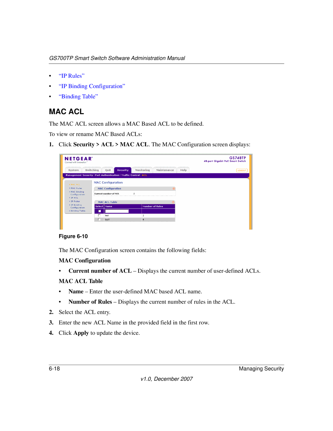 NETGEAR GS700TP manual MAC Configuration, MAC ACL Table 