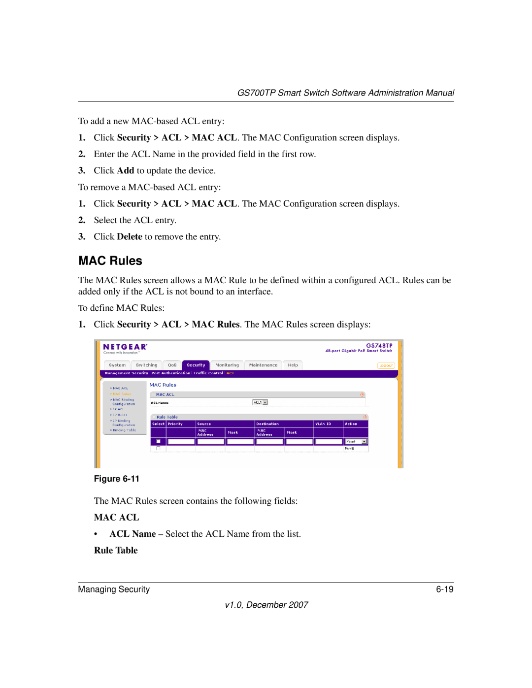 NETGEAR GS700TP manual MAC Rules, Rule Table 