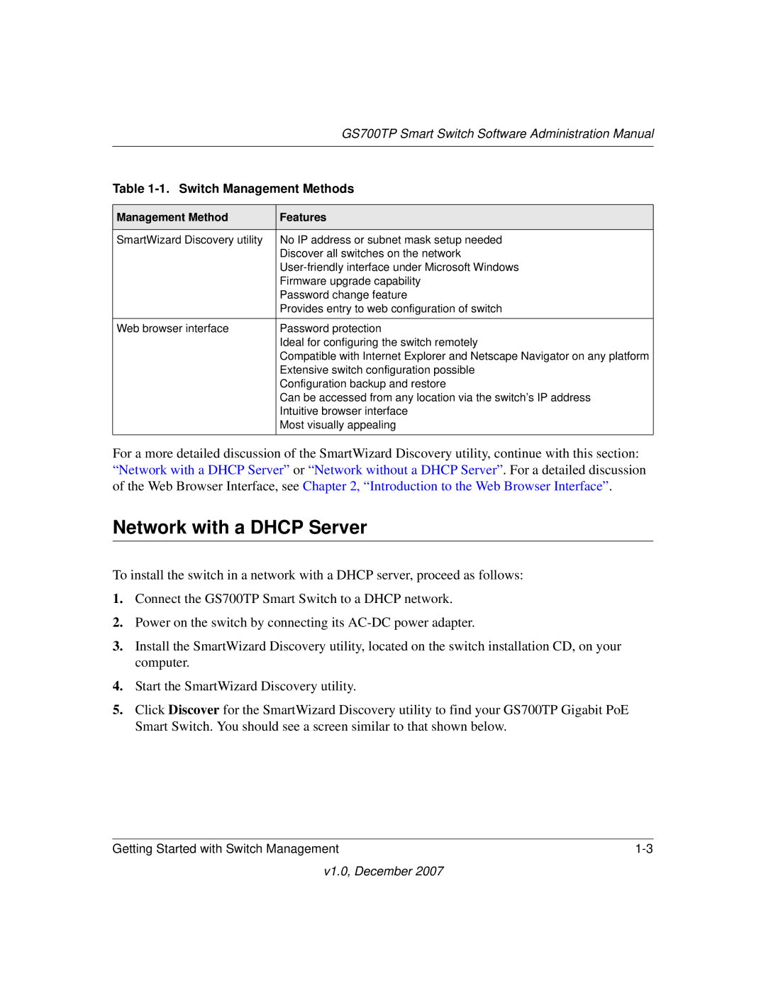 NETGEAR GS700TP manual Network with a Dhcp Server, Switch Management Methods 