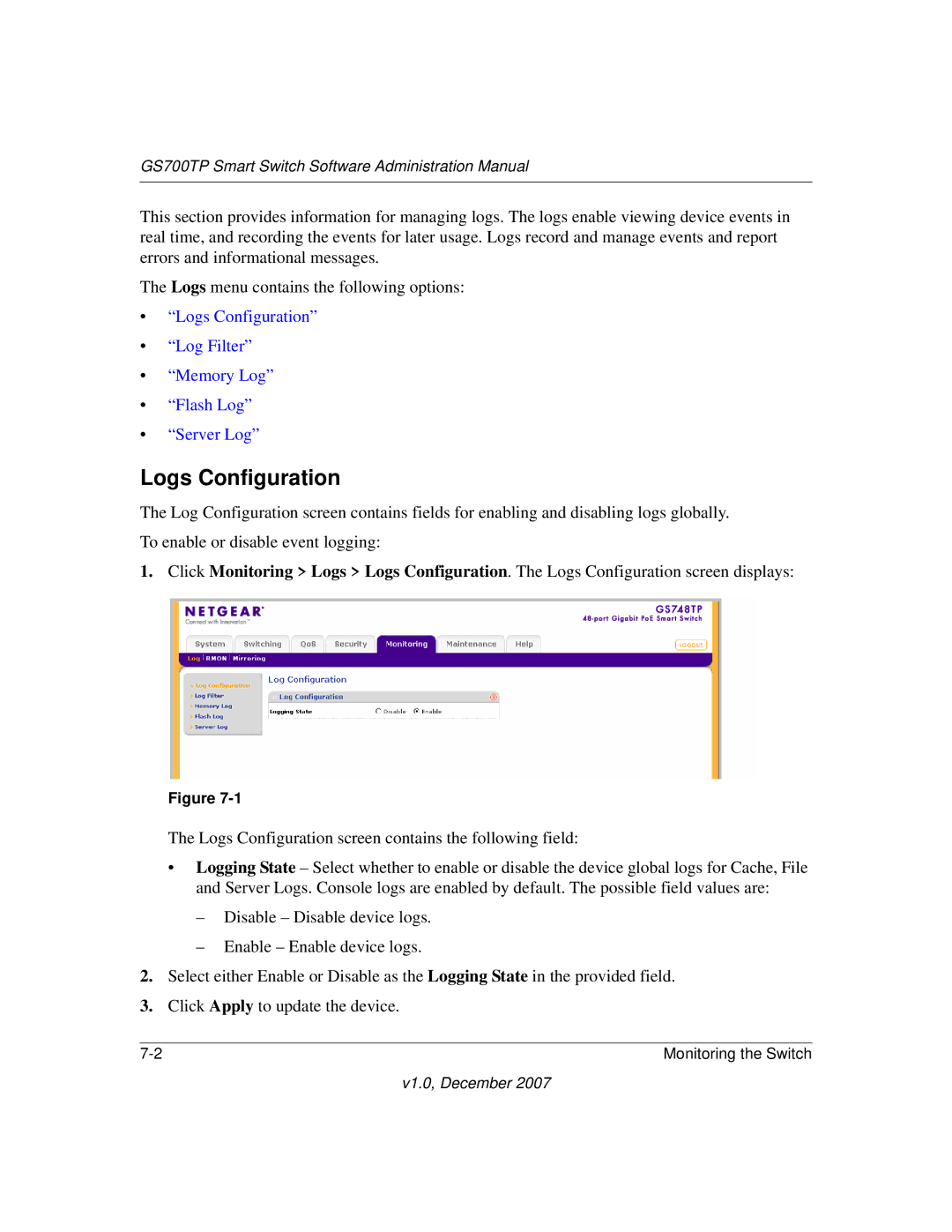 NETGEAR GS700TP manual Logs Configuration 