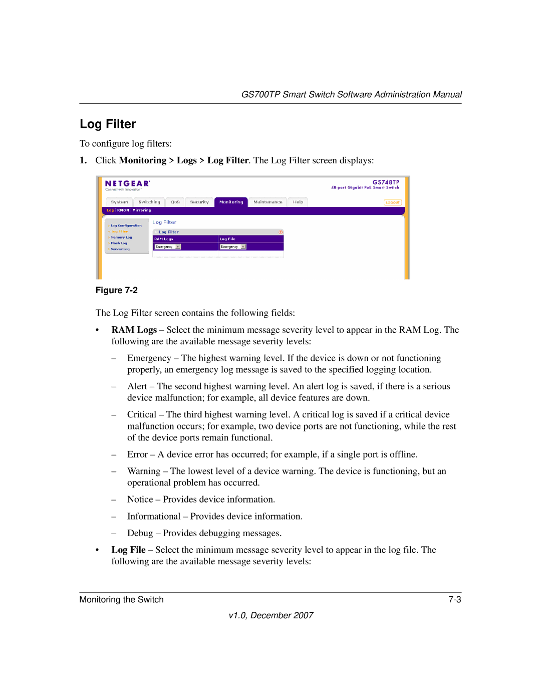 NETGEAR GS700TP manual Log Filter 