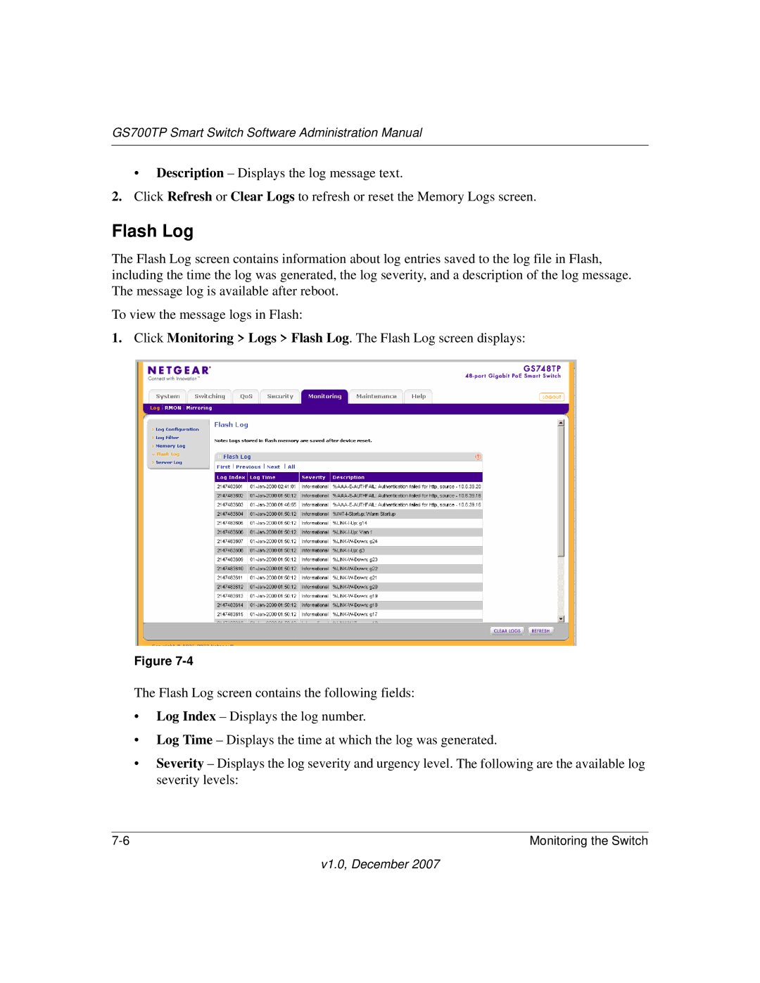 NETGEAR GS700TP manual Flash Log 