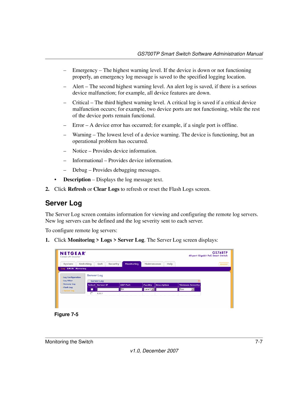 NETGEAR GS700TP manual Server Log 