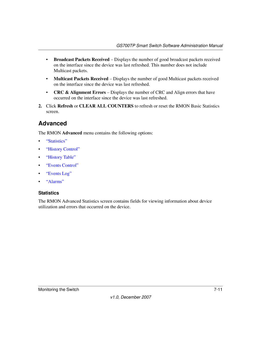 NETGEAR GS700TP manual Rmon Advanced menu contains the following options 