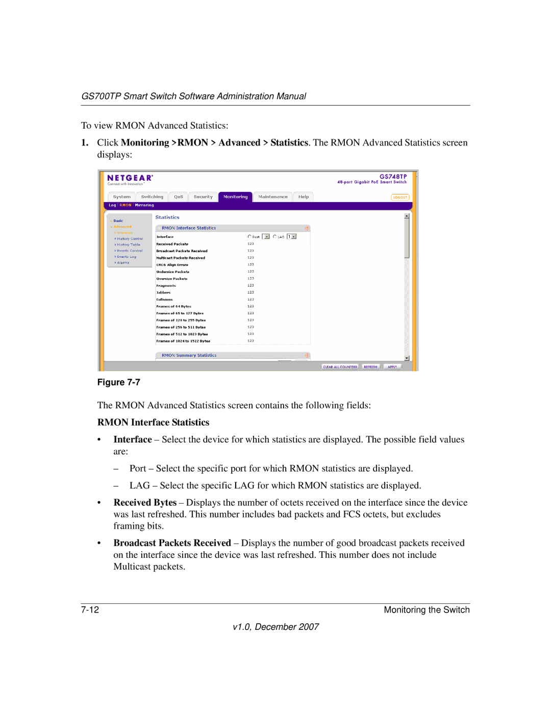 NETGEAR GS700TP manual Rmon Interface Statistics 