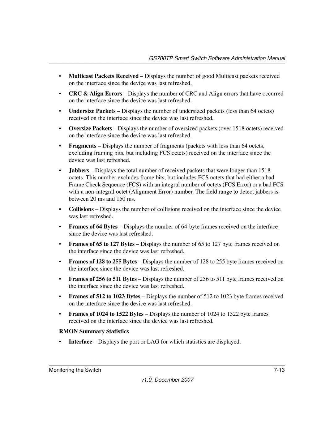 NETGEAR GS700TP manual Rmon Summary Statistics 