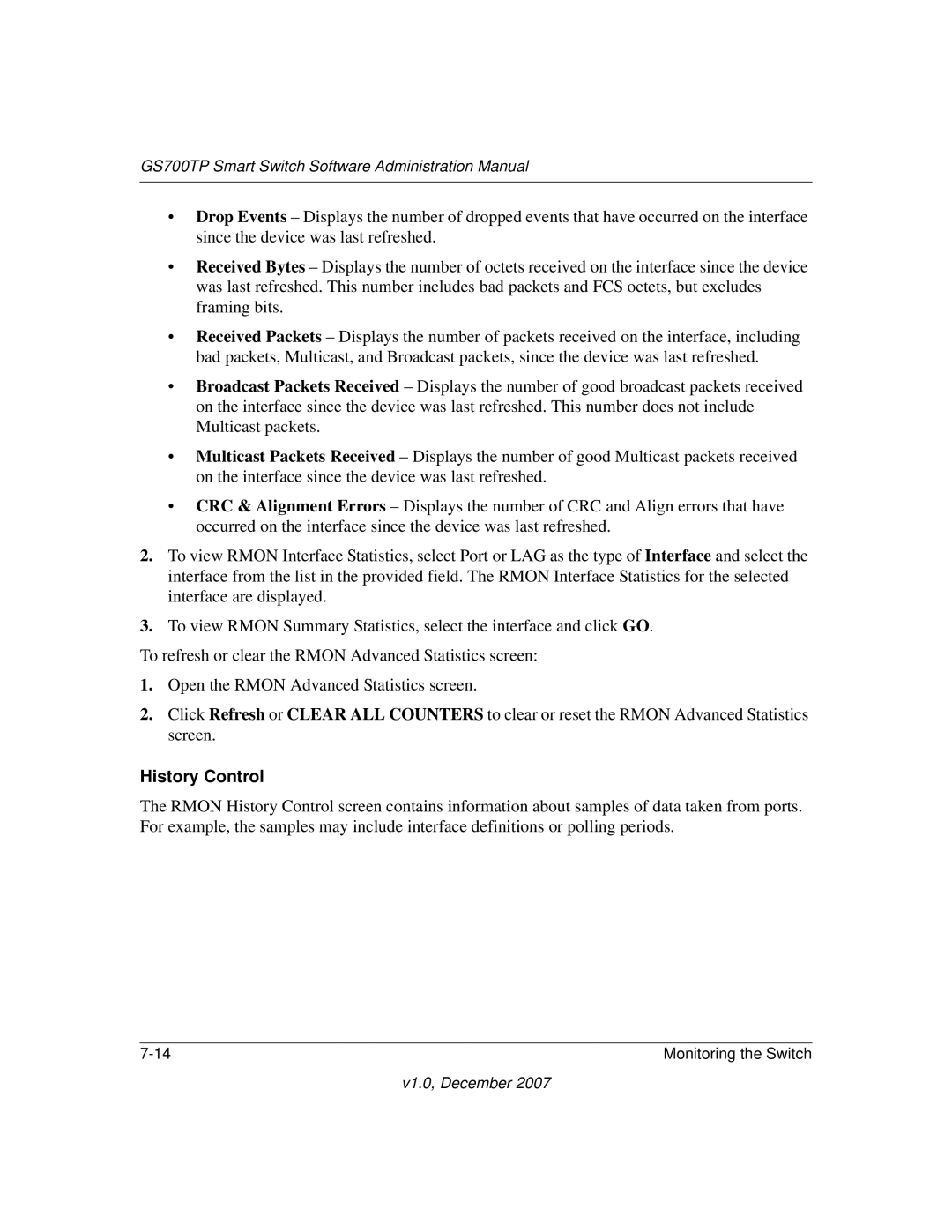 NETGEAR GS700TP manual History Control 