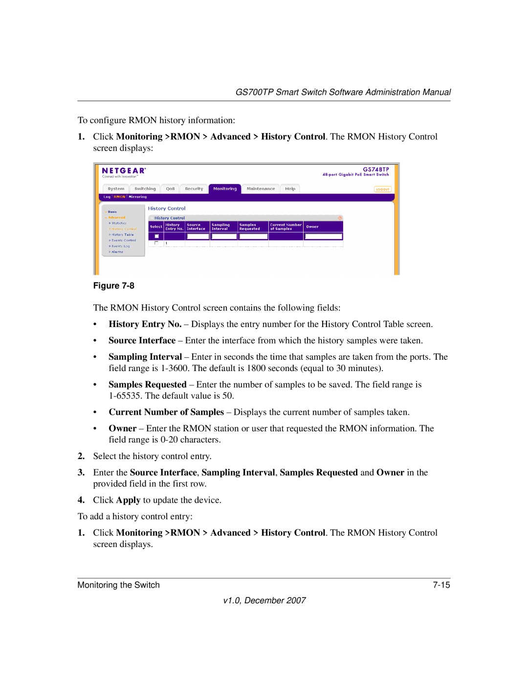 NETGEAR GS700TP manual To configure Rmon history information 