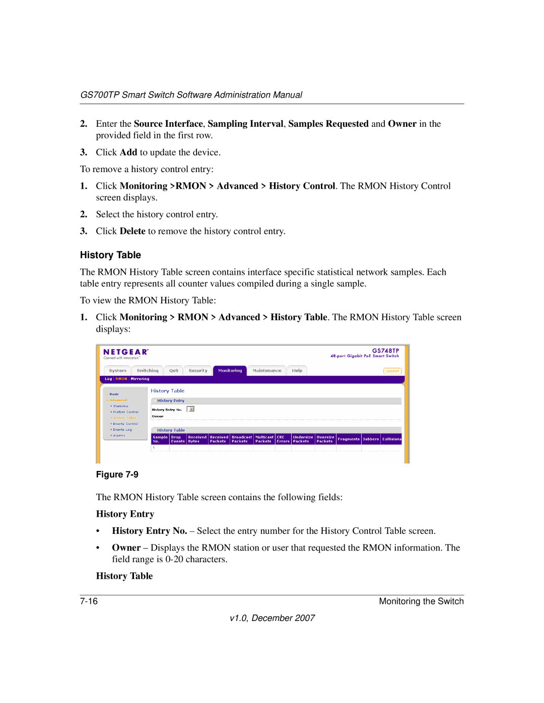 NETGEAR GS700TP manual History Table, History Entry 