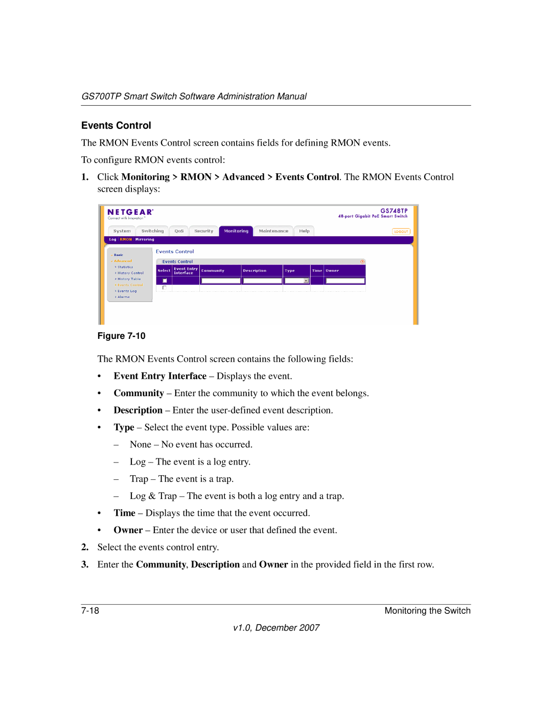 NETGEAR GS700TP manual Events Control, Event Entry Interface Displays the event 