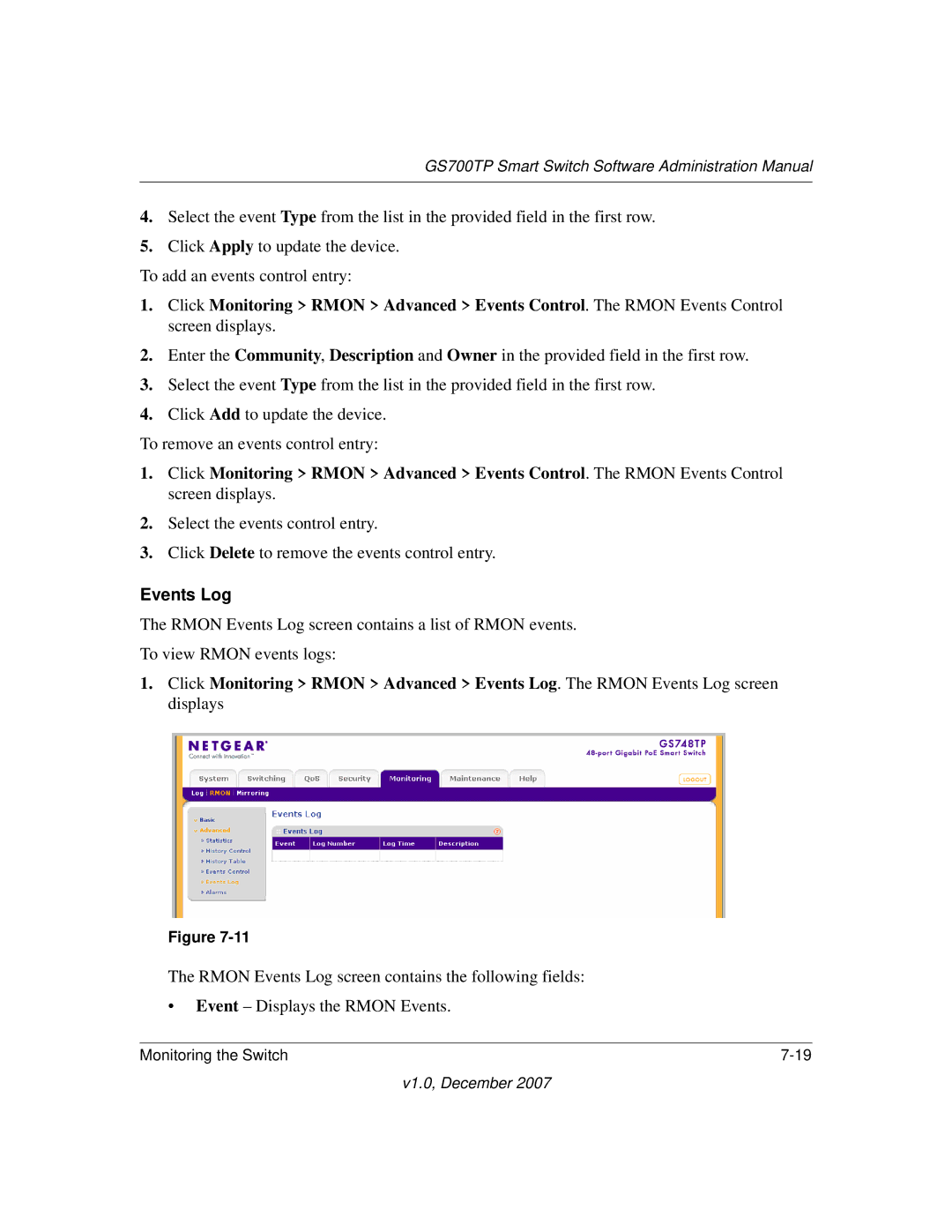 NETGEAR GS700TP manual Events Log 