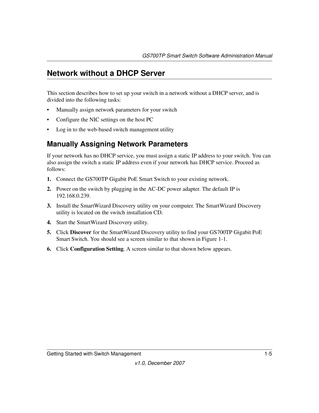 NETGEAR GS700TP manual Network without a Dhcp Server, Manually Assigning Network Parameters 