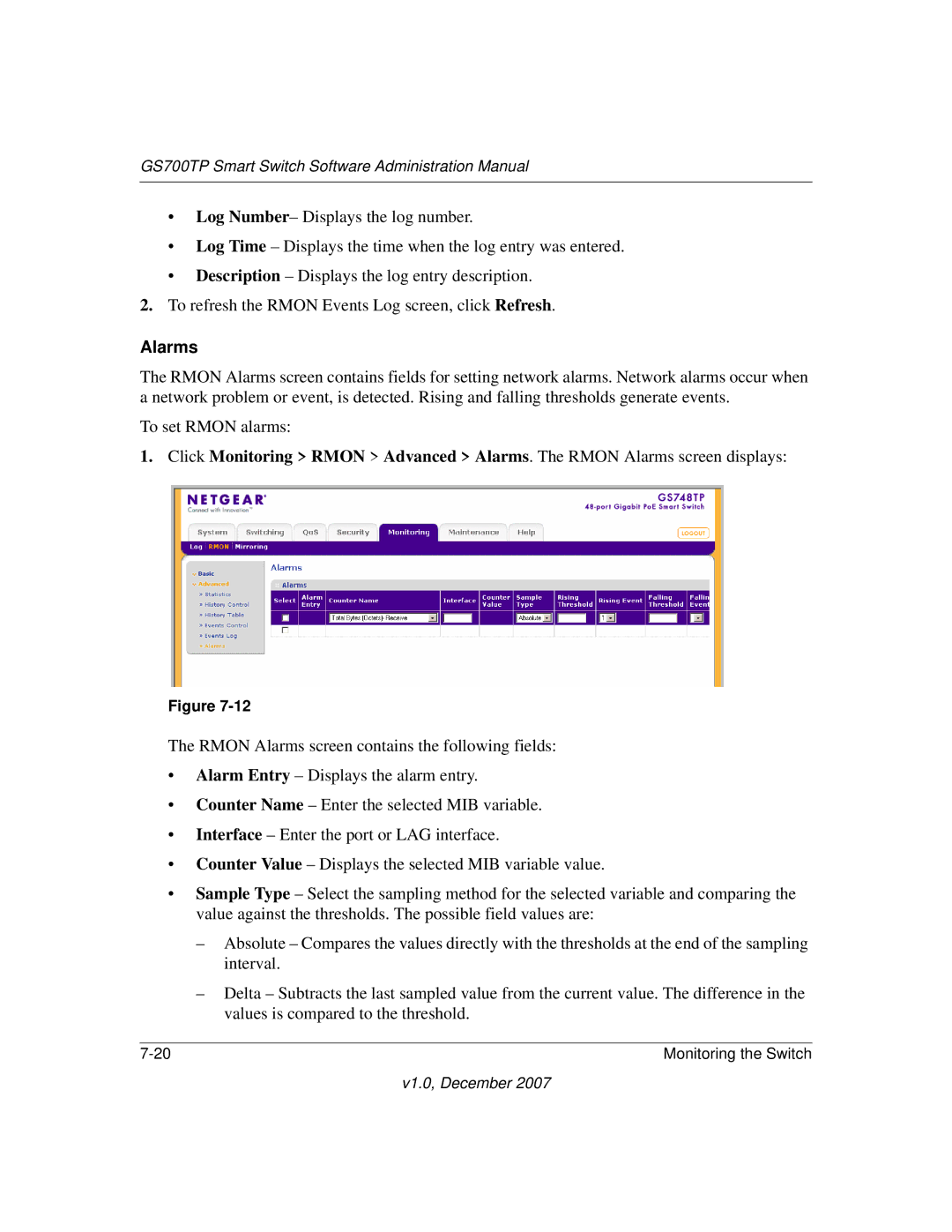 NETGEAR GS700TP manual Alarms 