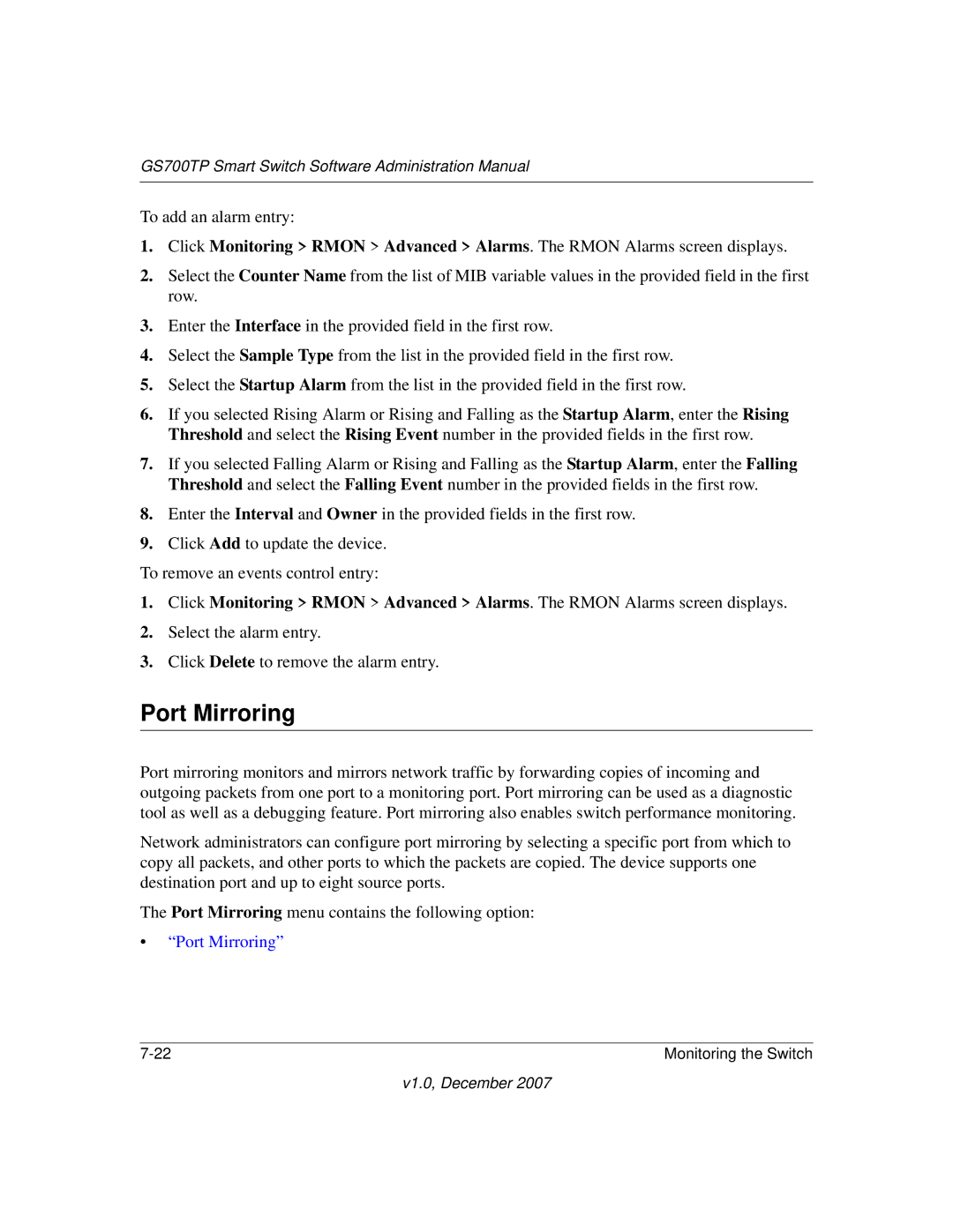 NETGEAR GS700TP manual Port Mirroring 