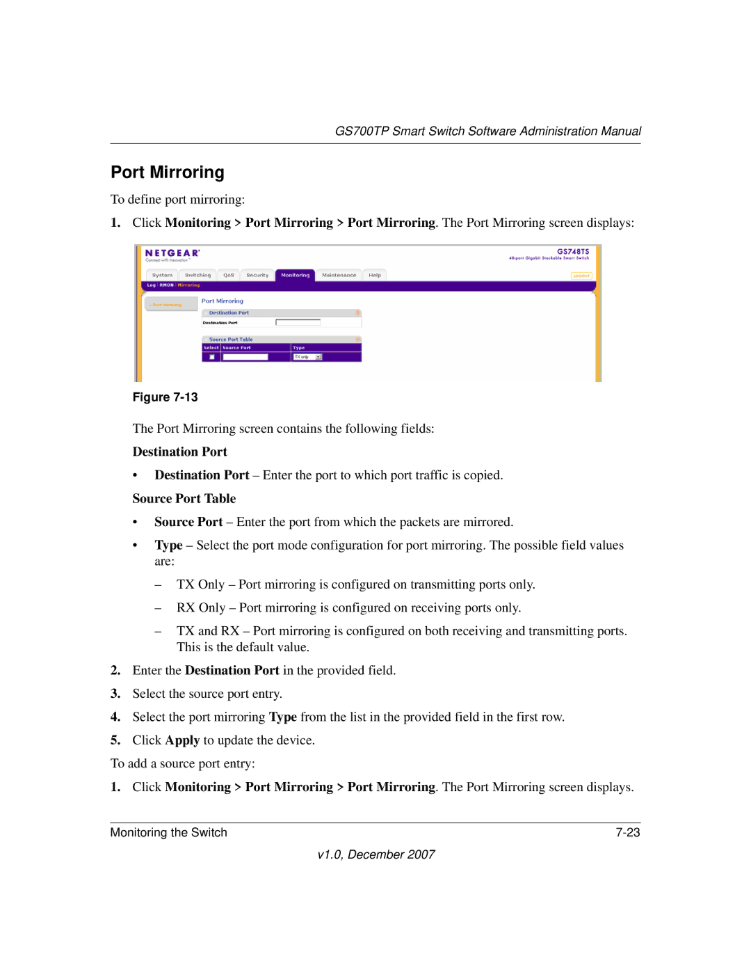 NETGEAR GS700TP manual Port Mirroring, Destination Port, Source Port Table 