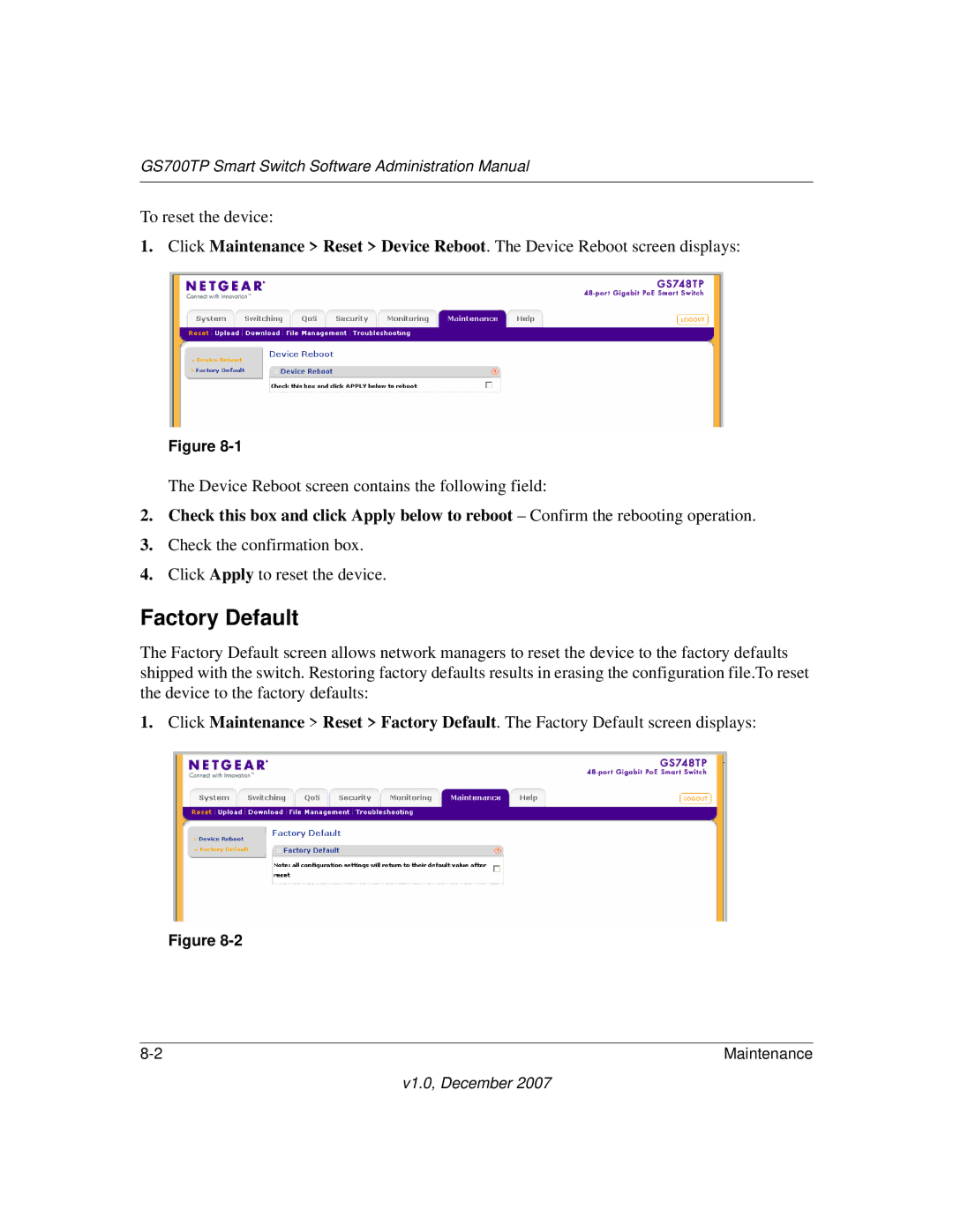 NETGEAR GS700TP manual Factory Default 