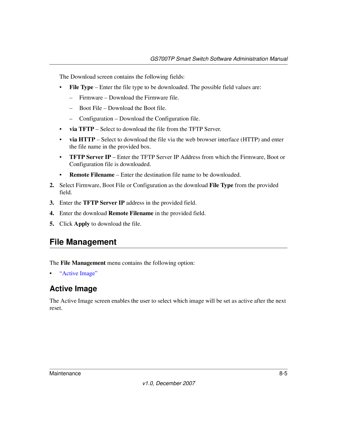 NETGEAR GS700TP manual File Management, Active Image 