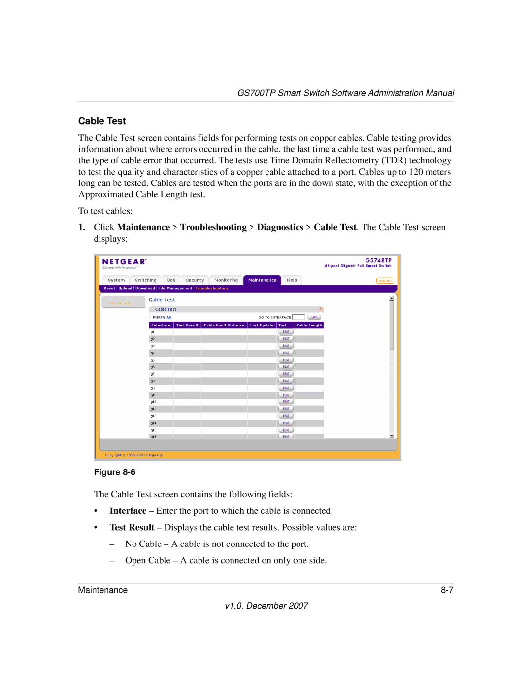 NETGEAR GS700TP manual Cable Test 