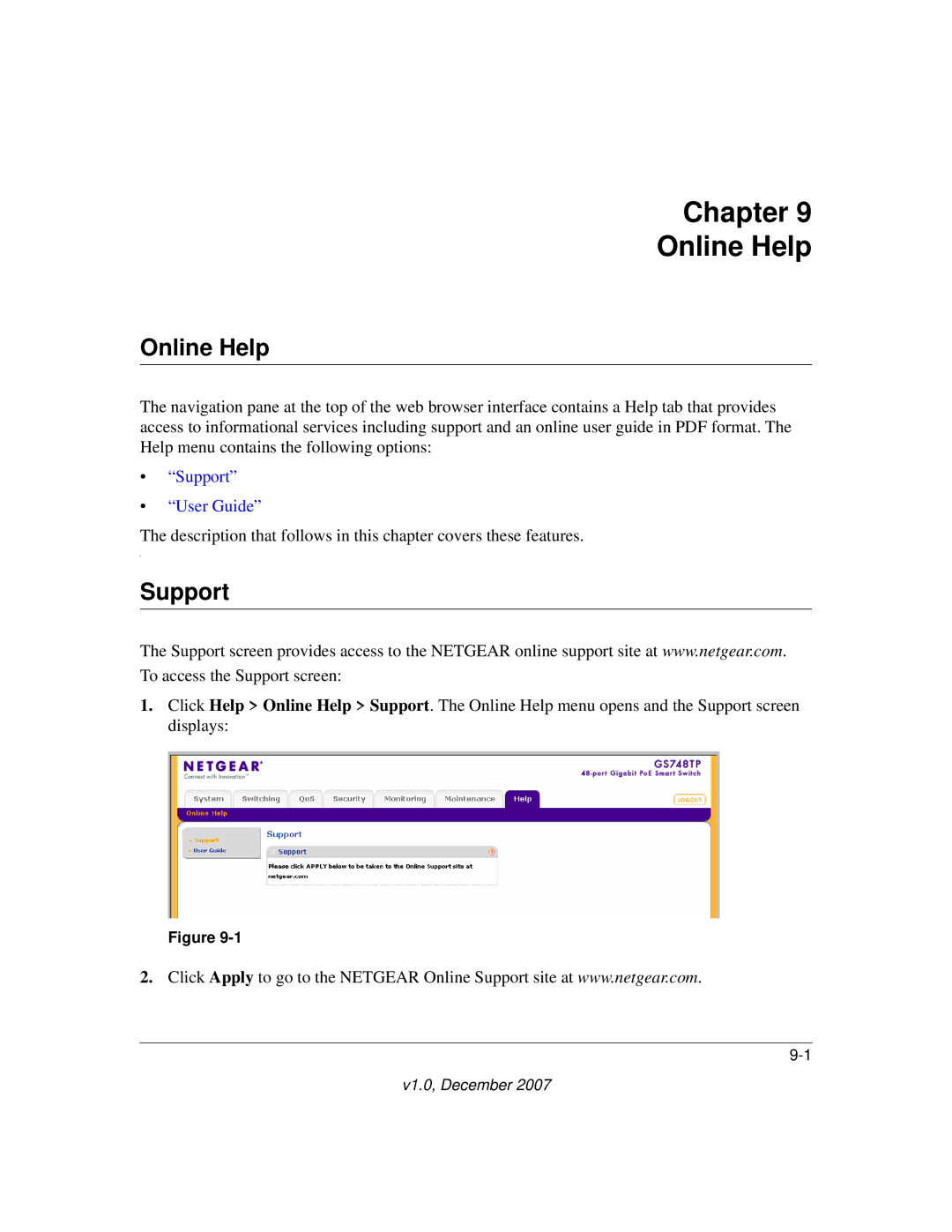 NETGEAR GS700TP manual Chapter Online Help, Support 