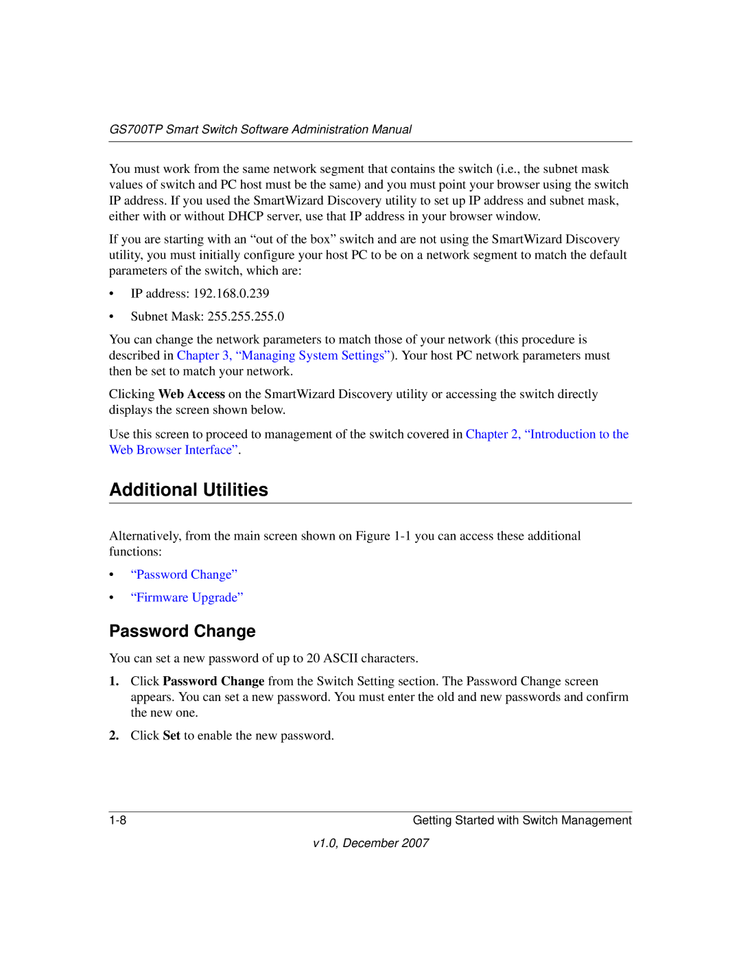 NETGEAR GS700TP manual Additional Utilities, Password Change 