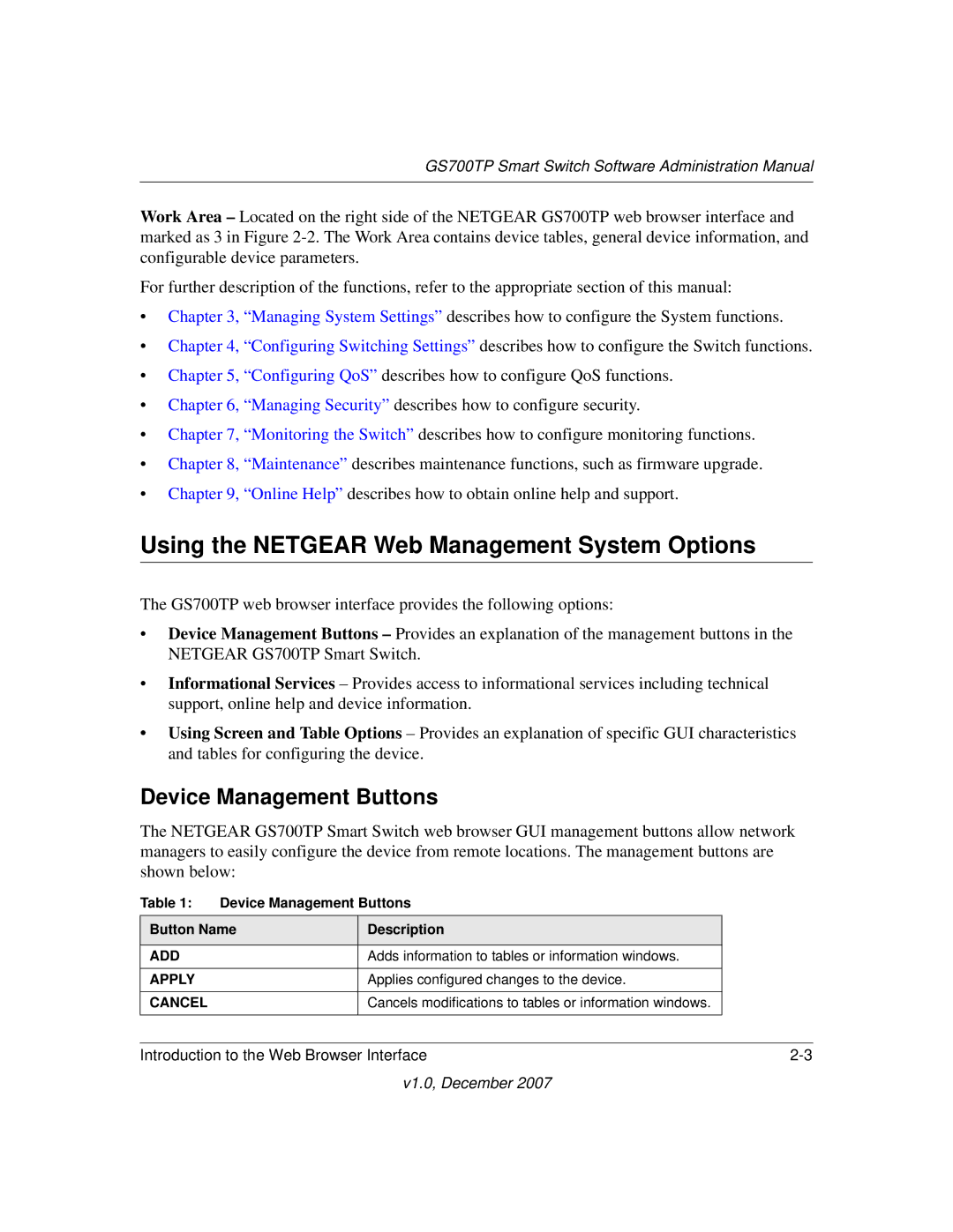 NETGEAR GS700TP manual Using the Netgear Web Management System Options, Device Management Buttons 