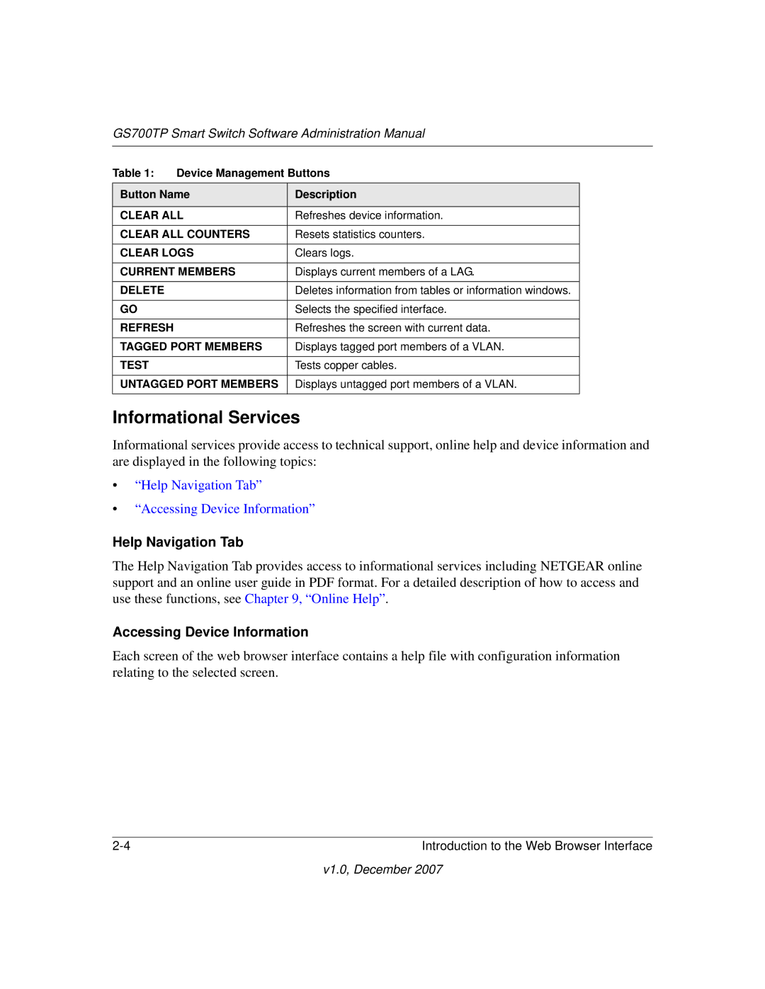 NETGEAR GS700TP manual Informational Services, Help Navigation Tab Accessing Device Information 