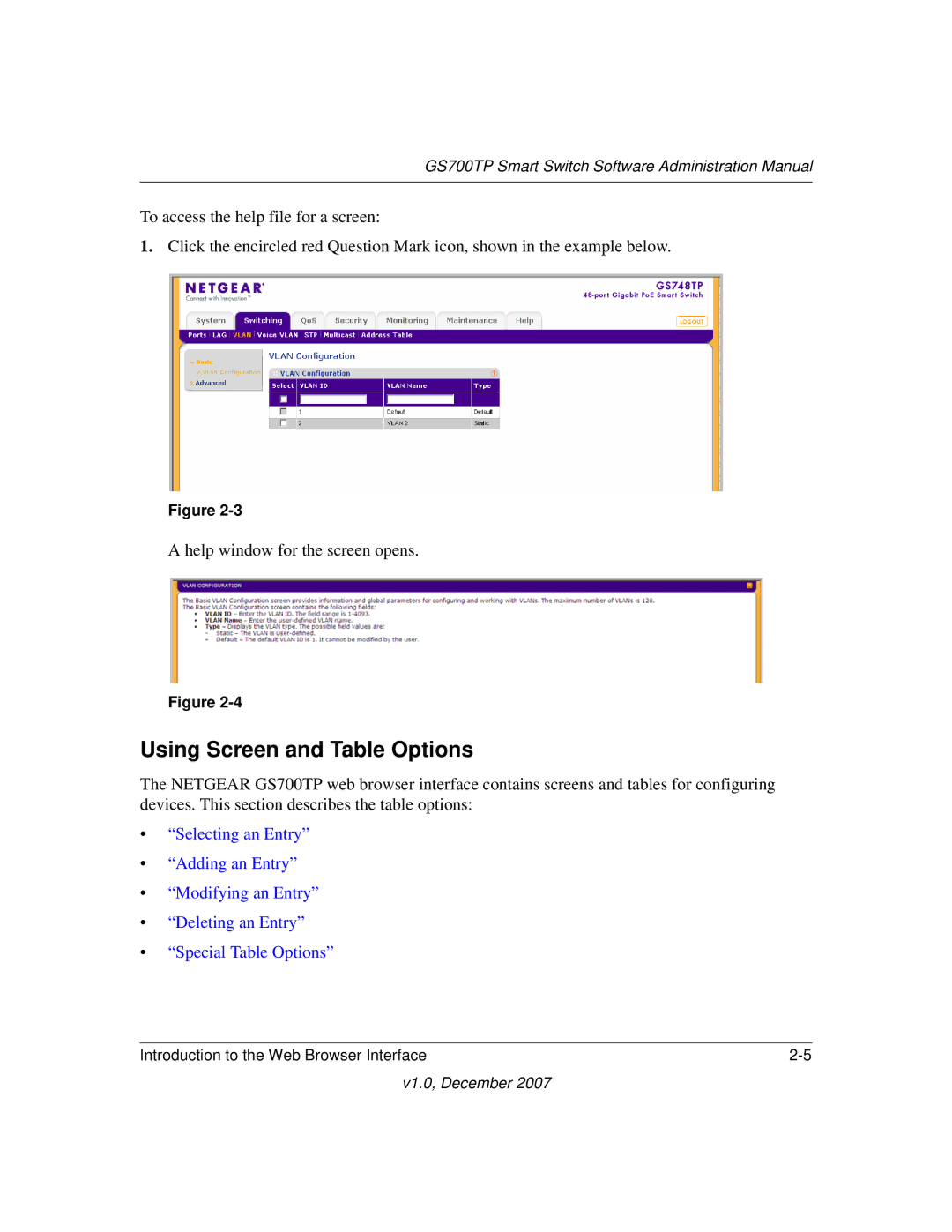 NETGEAR GS700TP manual Using Screen and Table Options 