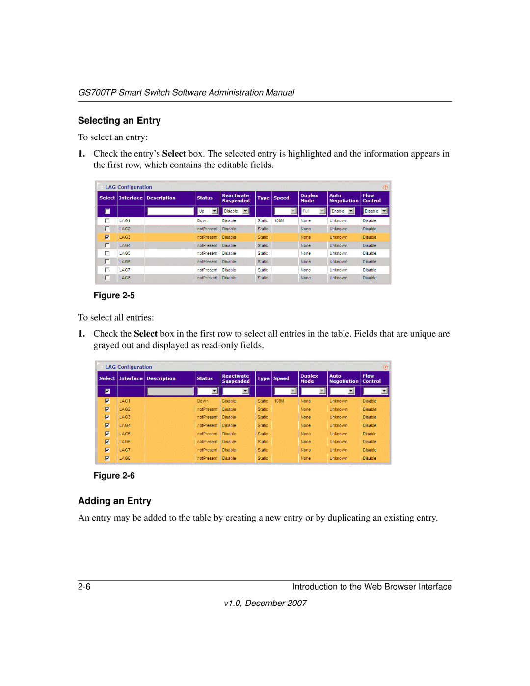 NETGEAR GS700TP manual Selecting an Entry, Adding an Entry 