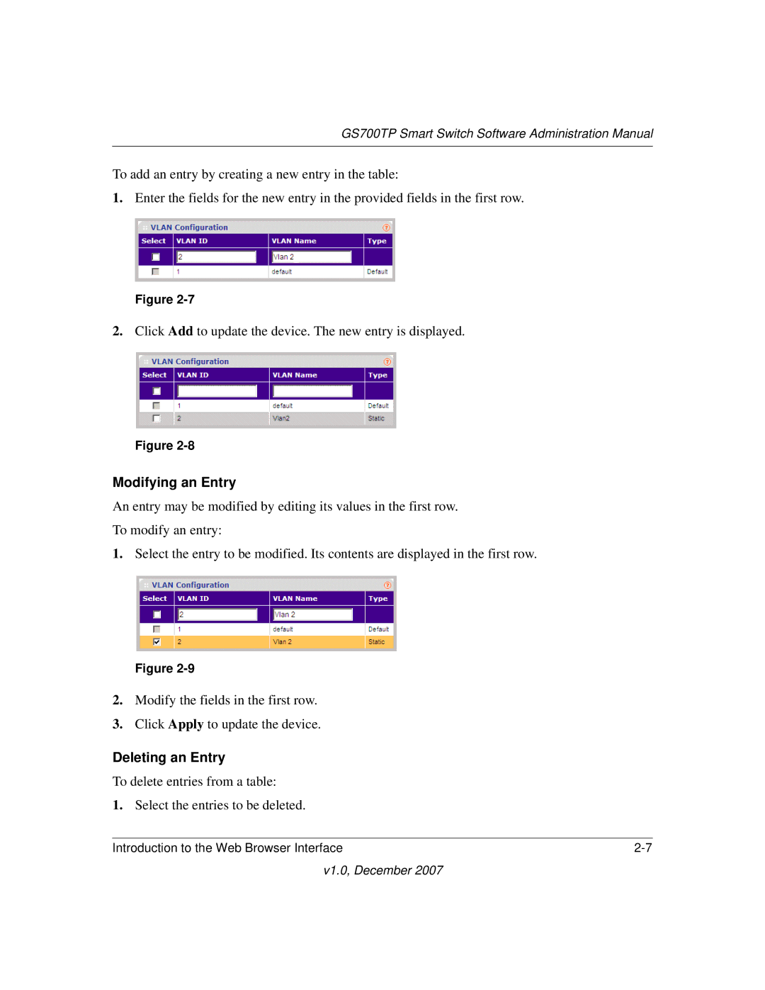 NETGEAR GS700TP manual Modifying an Entry, Deleting an Entry 