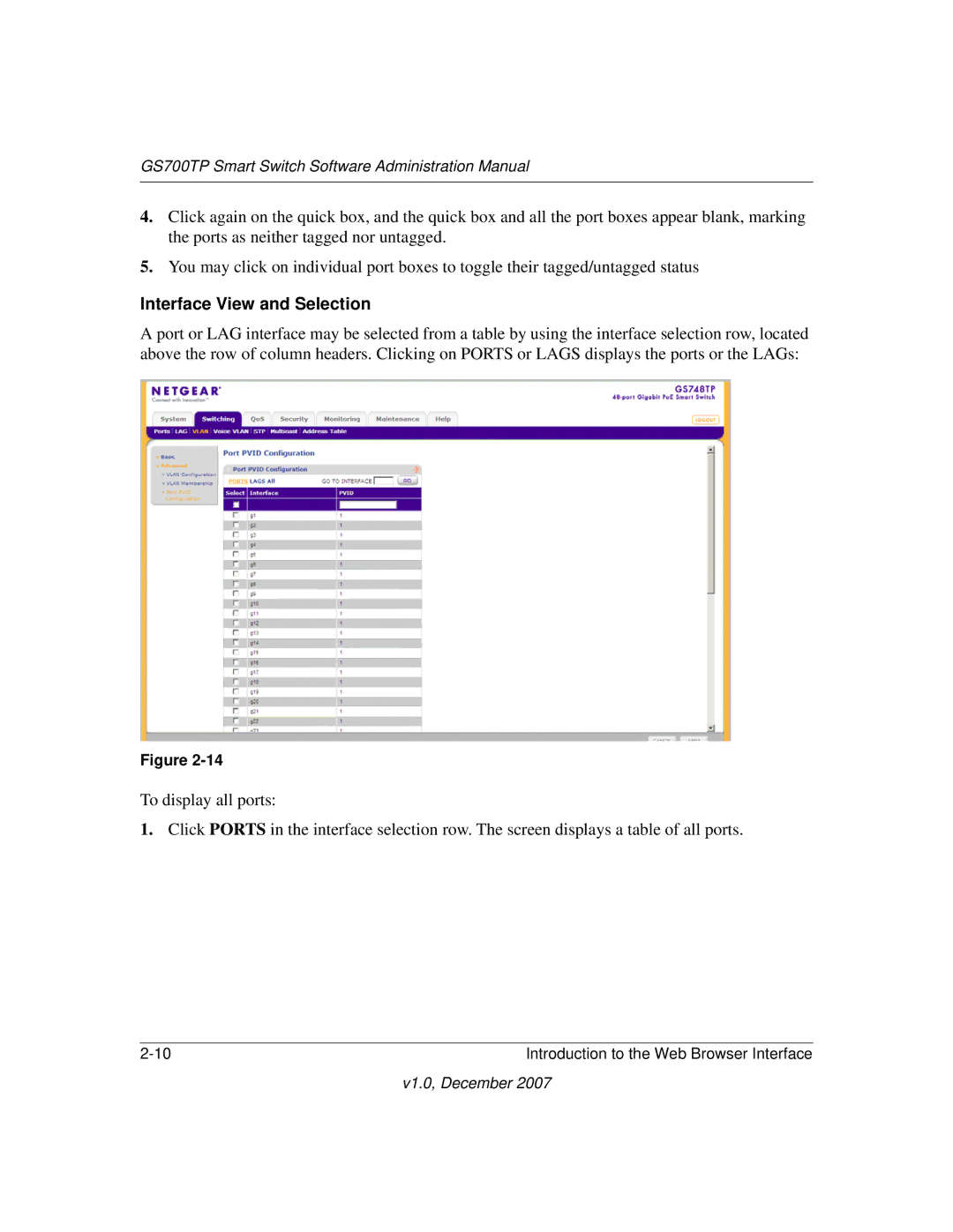 NETGEAR GS700TP manual Interface View and Selection 