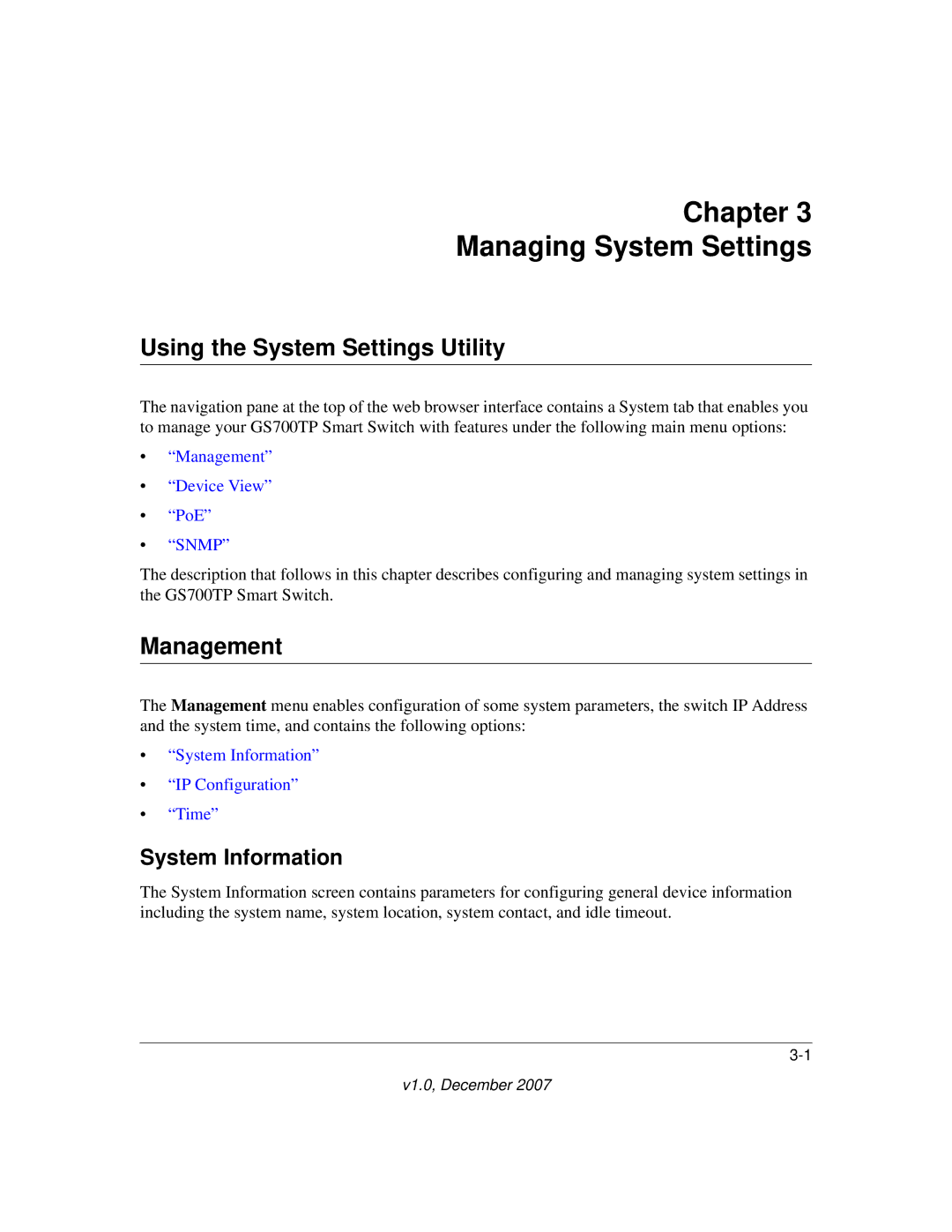 NETGEAR GS700TP manual Chapter Managing System Settings, Using the System Settings Utility, Management, System Information 