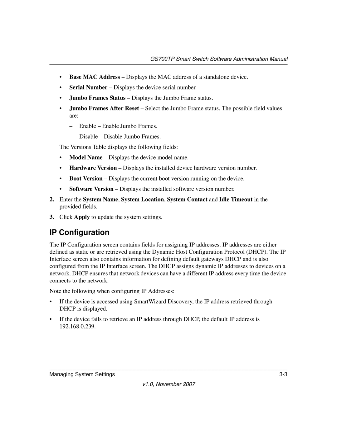 NETGEAR GS700TP manual IP Configuration 