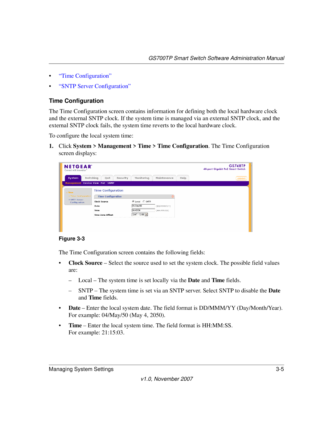 NETGEAR GS700TP manual Time Configuration 