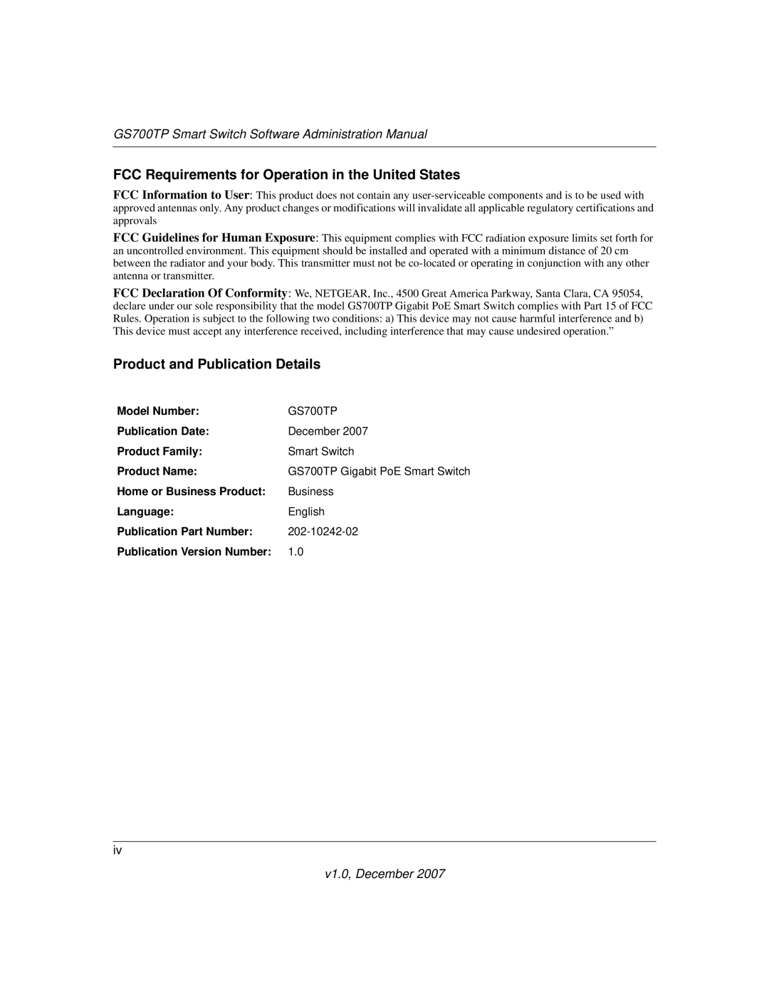 NETGEAR GS700TP manual FCC Requirements for Operation in the United States, Product and Publication Details 