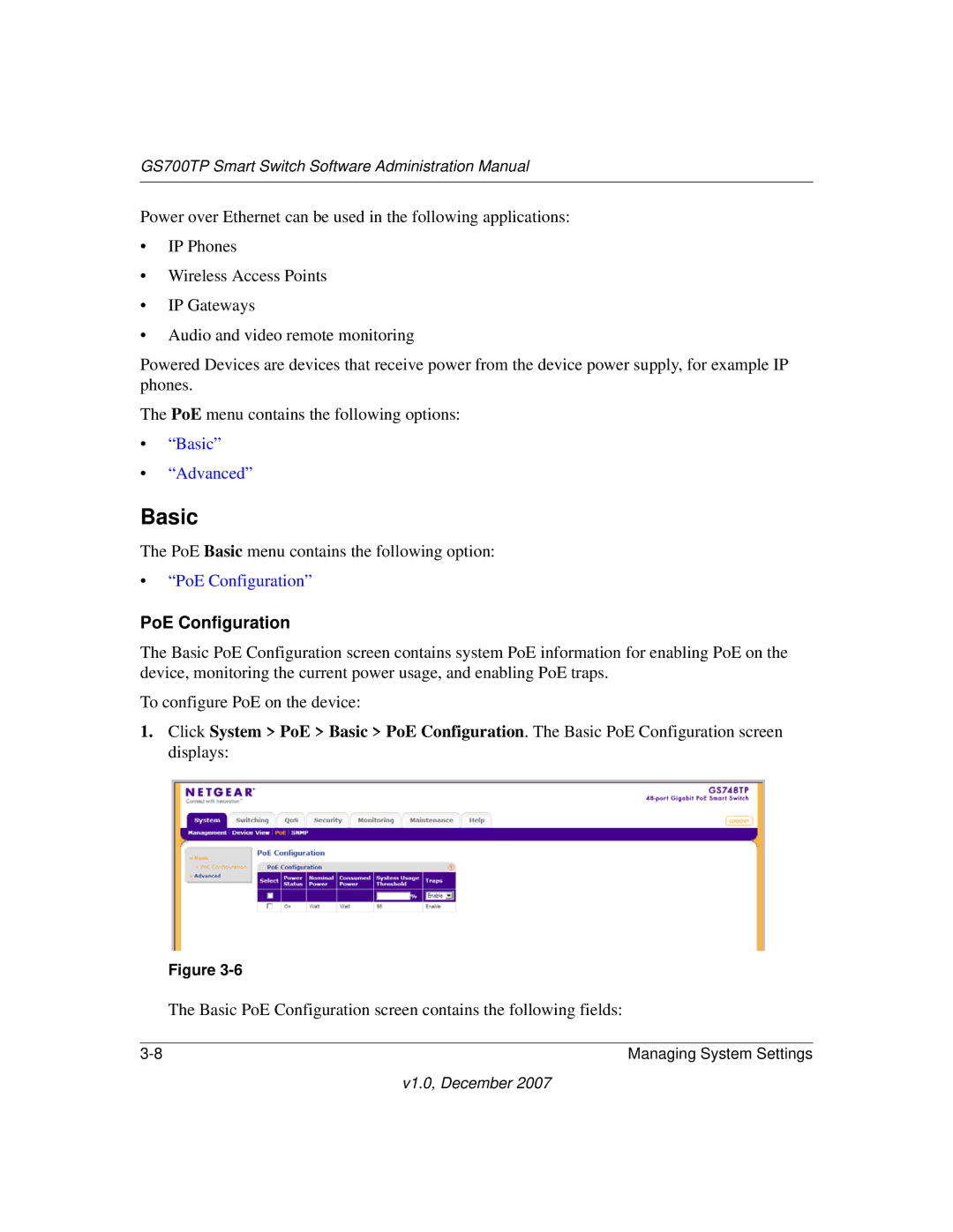 NETGEAR GS700TP manual Basic, PoE Configuration 