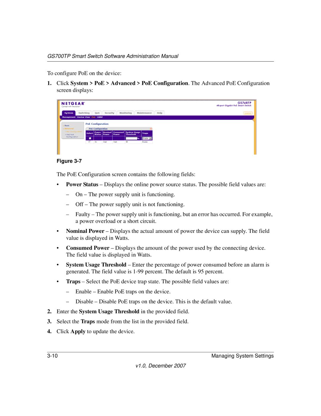 NETGEAR GS700TP manual To configure PoE on the device 