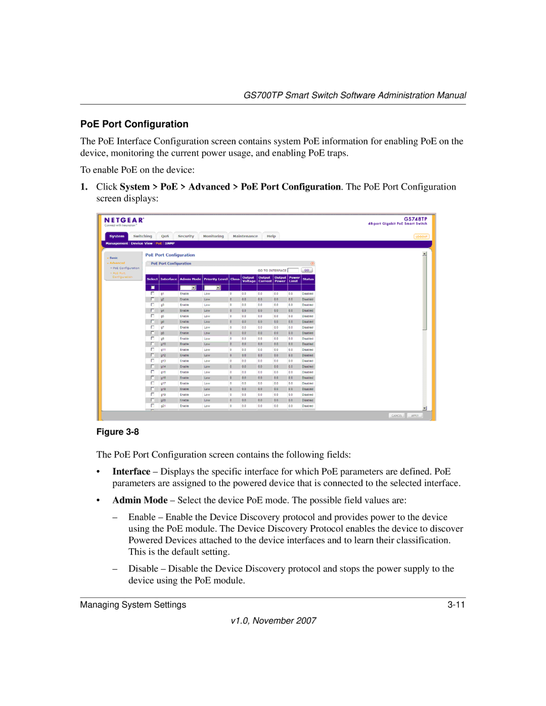 NETGEAR GS700TP manual PoE Port Configuration screen contains the following fields 