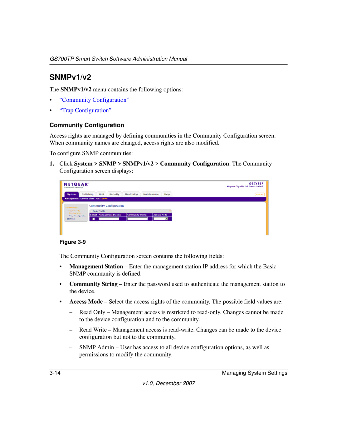 NETGEAR GS700TP manual SNMPv1/v2, Community Configuration 