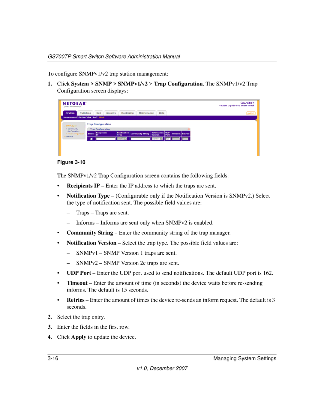 NETGEAR GS700TP manual To configure SNMPv1/v2 trap station management 