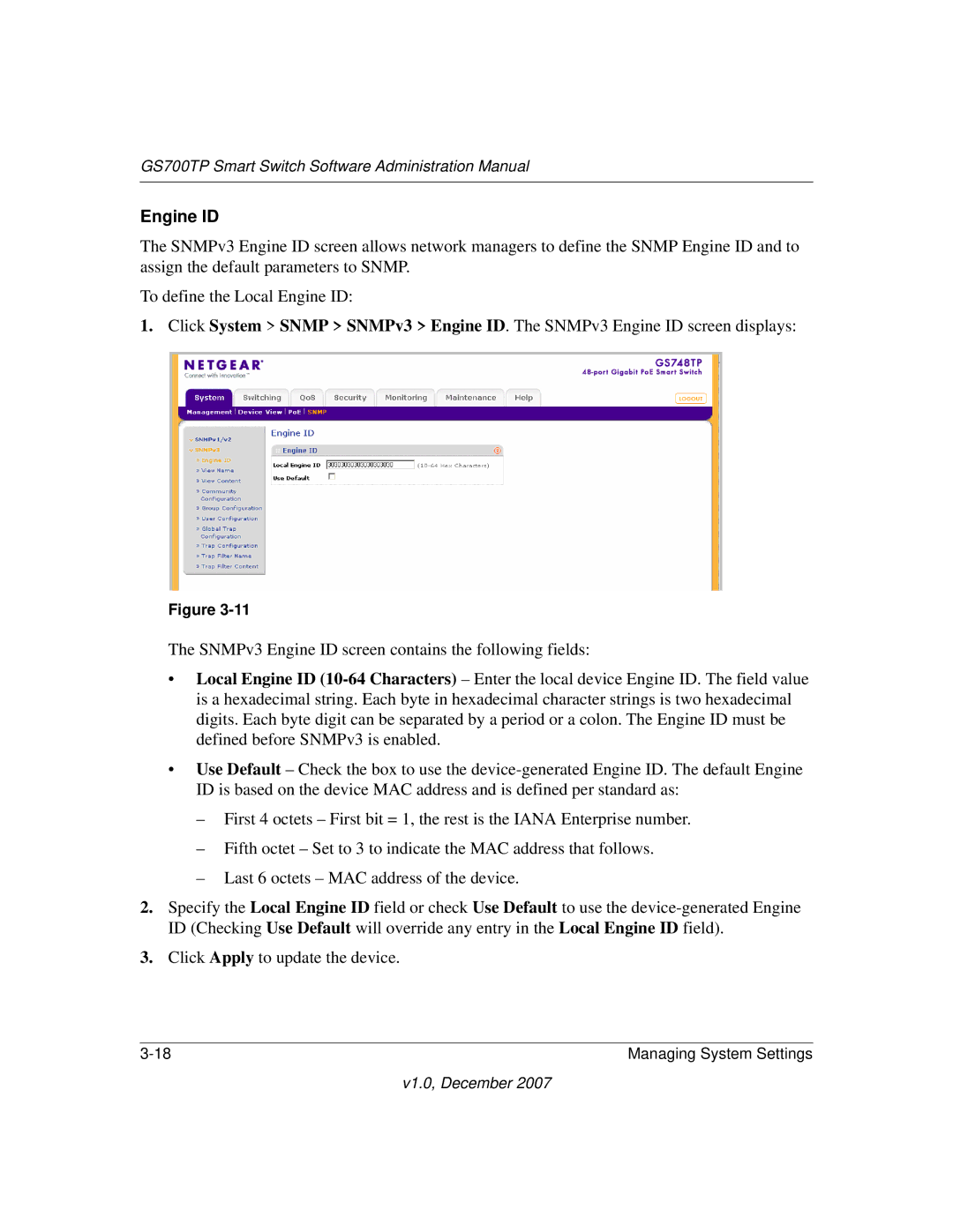 NETGEAR GS700TP manual Engine ID 