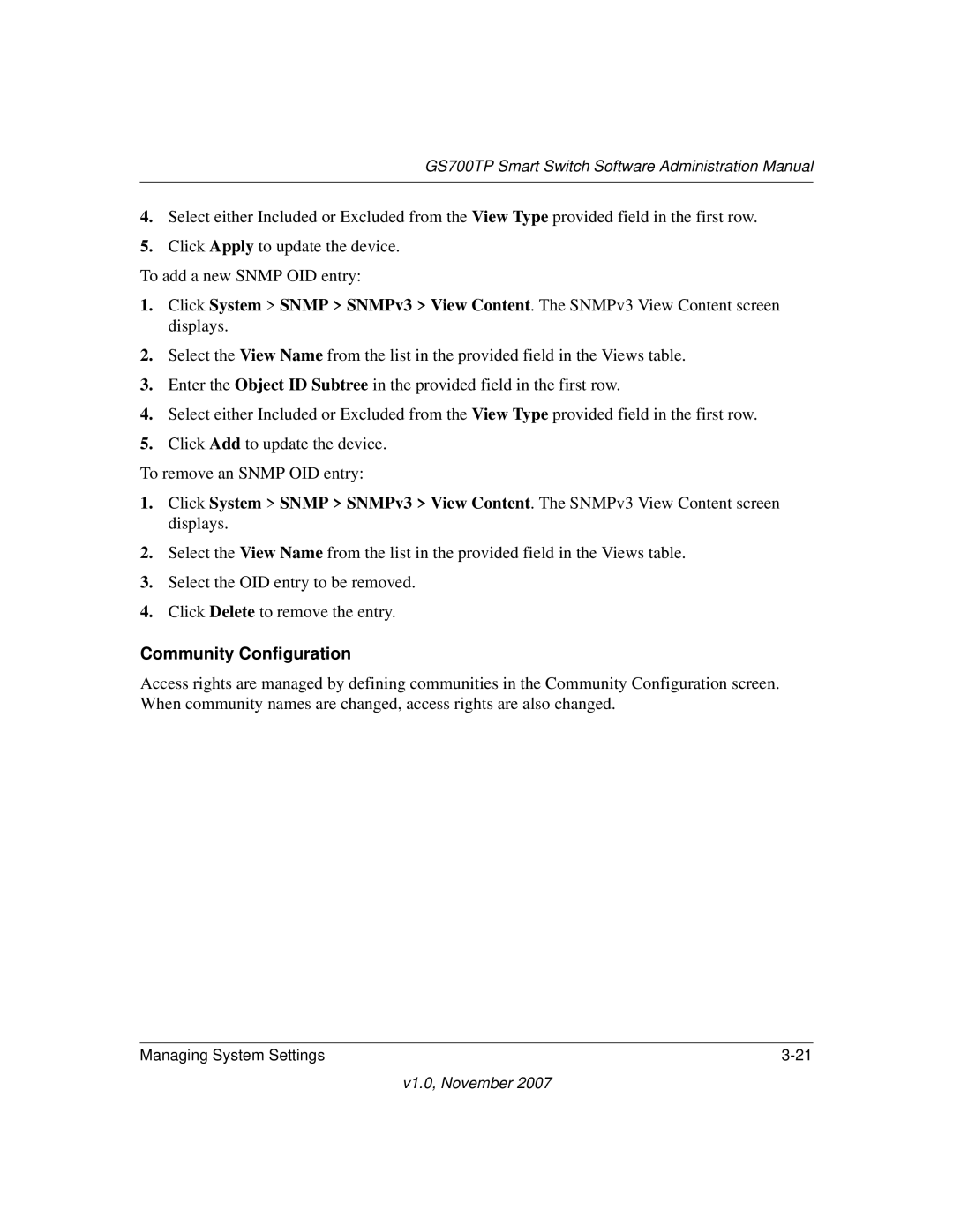 NETGEAR GS700TP manual Community Configuration 