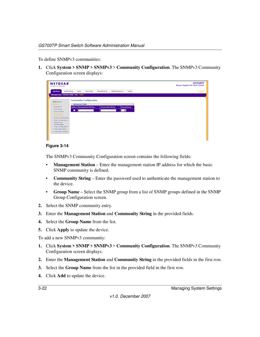 NETGEAR GS700TP manual To define SNMPv3 communities 