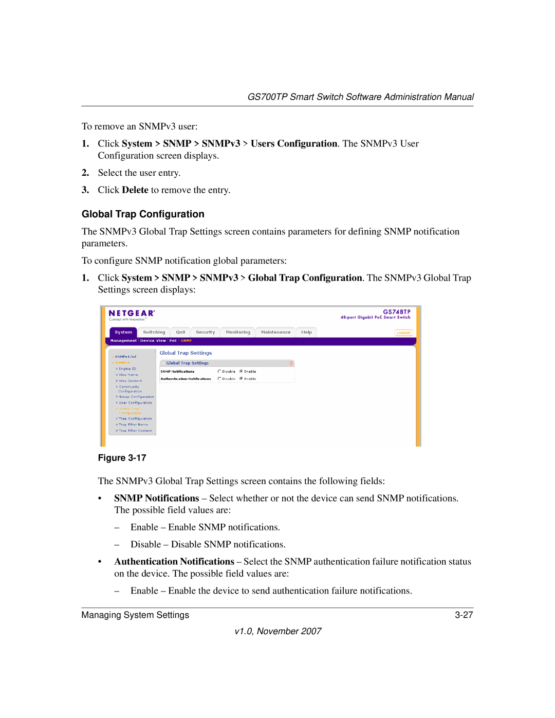 NETGEAR GS700TP manual Global Trap Configuration 